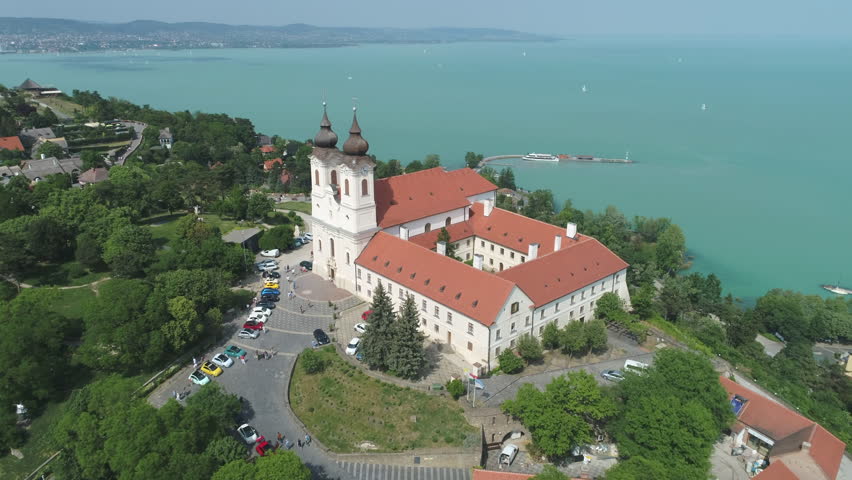 Aerial shot of eastern European abbey - Tihany abbey, Lake Balaton, Hungary
