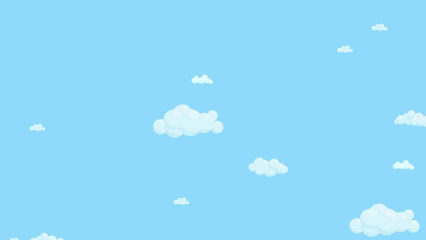 Blue sky full of clouds moving right to left. Copyspase. Cartoon sky animated background. Flat animation.