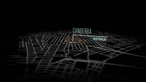 Locations Canberra, Australia. Animation of marking a point in Canberra, Australia. Location of the city, large shopping center. Video in 4K with resolution of 3840x2160.