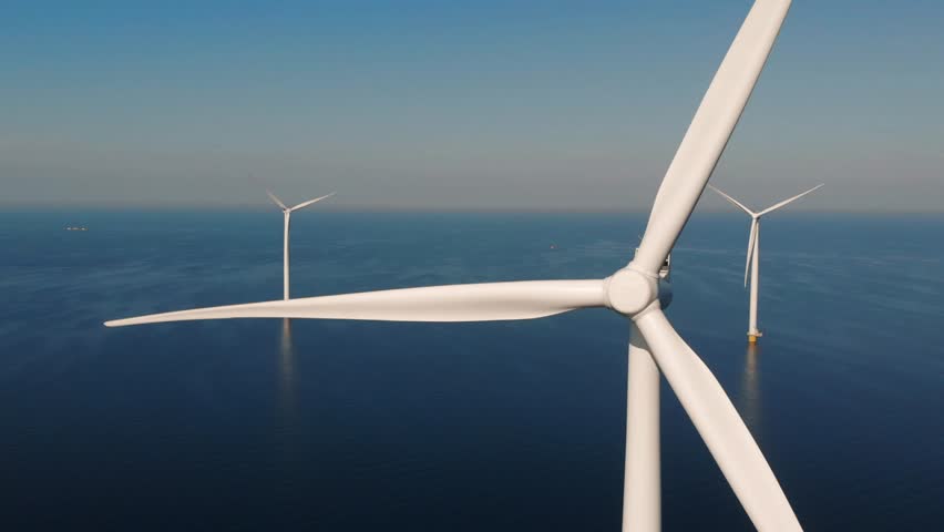 Offshore Windmill farm in the ocean  Westermeerwind park , windmill green energy at sea on a beautiful bright day Netherlands Flevoland  | Shutterstock HD Video #1012563902