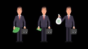 Businessman holding money, suitcase and smiling. Alpha channel. Motion graphics. Animation video.