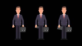 Businessman holding suitcase, phone, tablet and showing thumbs up. Alpha channel. Motion graphics. Animation video.