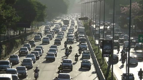Sao Paulo, SP, Brazil, June 12, 2018. Traffic jam on 23 de Maio avenue, both directions, south of Sao Paulo,