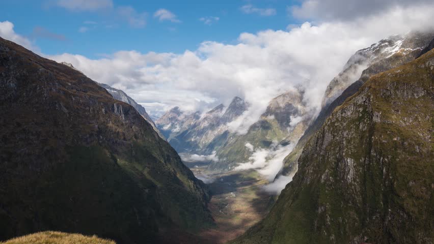 Time lapse view of valley landscape along the Milford Track at the Mackinnon Pass