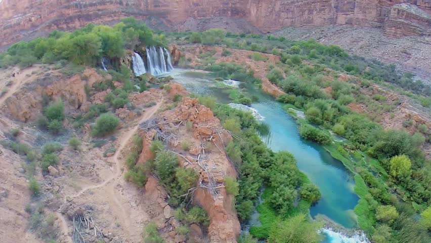 Panorama of Grand Canyon with several waterfalls at autumn sunny day. Aerial view