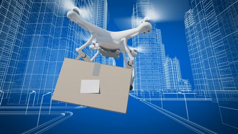 Quadcopter Delivering Package Flying Through the City Street Among High Towers and Buildings. Looped 3d Animation Blue Color. Transportation and Technology Concept. 4K Ultra HD 3840x2160.