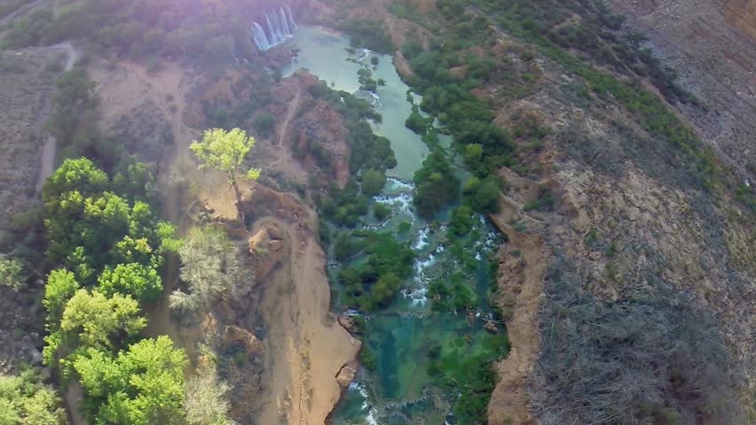 Landscape with several waterfalls in Grand Canyon at autumn sunny day. Aerial view