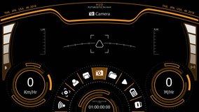 HUD Ui, futuristic, digital screen 4K animation with energy and signal status, flight indicator, speed meter, big circle menu, upper status bar, Orange color theme and Alpha channel included