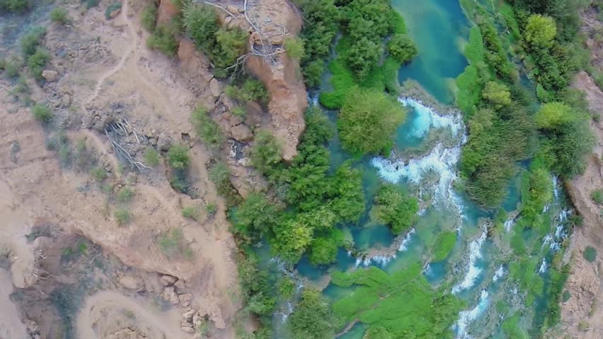 Water stream with steps and waterfalls in Grand Canyon at autumn day. Aerial view