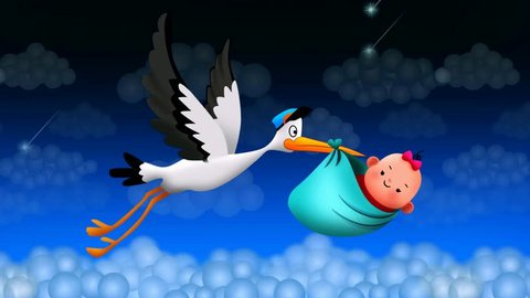 Stork flying holding a bag with a baby, best loop video screen background for a lullaby to put a baby to sleep, calming relaxing.