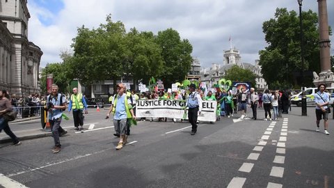London, UK June 16, 2018 People demonstrate in Westminster demanding justice for Grenfell Tower fire which killed seventy two people and devastated many others a year ago London, UK on June 16, 2018  