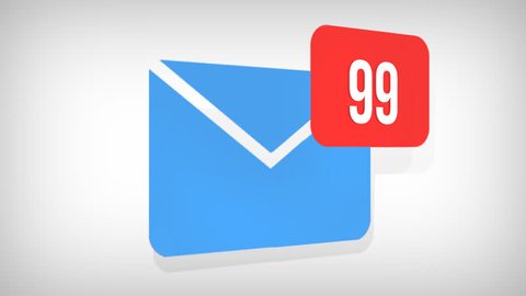 Animation of Email envelope with auto counting number on red circle. White background, 4K