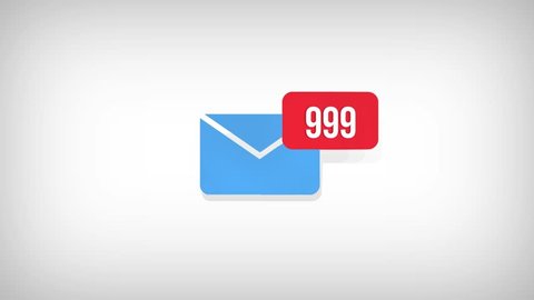 Animation of Email envelope with auto counting number on red circle. White background with alpha channel, 4K