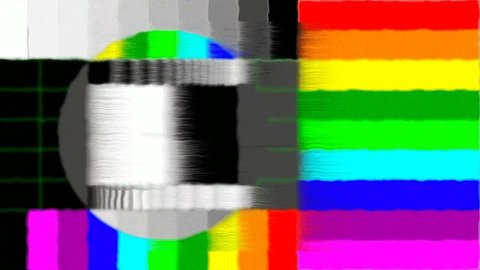 television bad signal static noise and and fuzz monitor display illustration video footage with colour bars and circle blurred