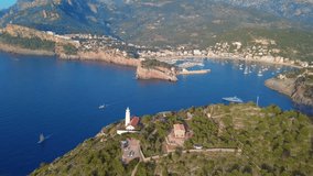 Lighthouse on the coast of Mallorca aerial view.
