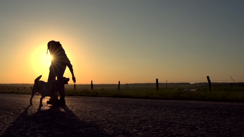 A pretty girl leads a dog next to her on the road