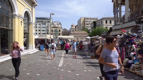 Athens,Greece - May 3,2018 - People at the shops of the flea market in the Monastiraki area