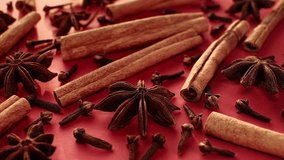 Cinnamon bark, star anise and cloves on red background. Macro trucking shot.4K resolution