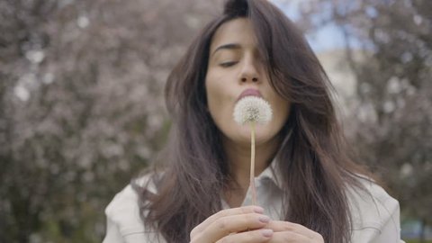 Girl is blowing the dandelion