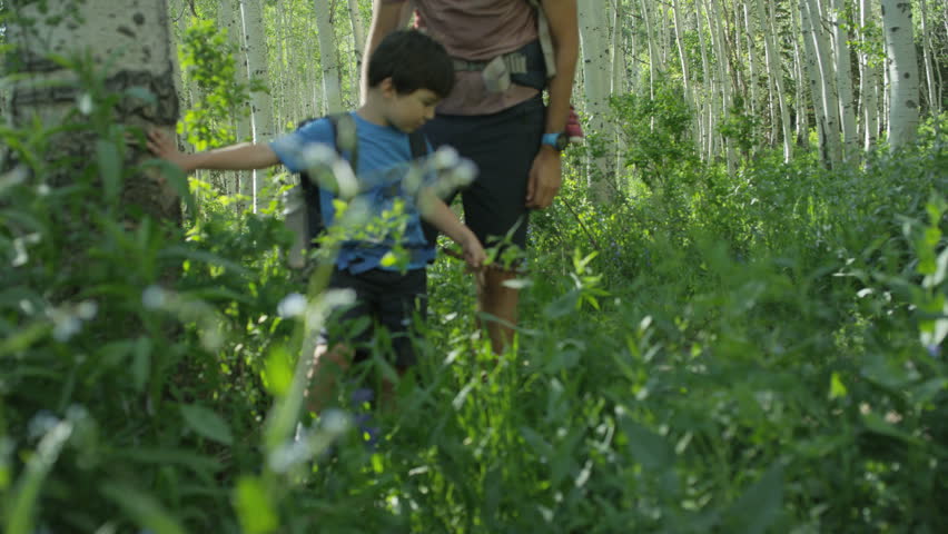 Young boy walks through tall grass while hiking with his dad