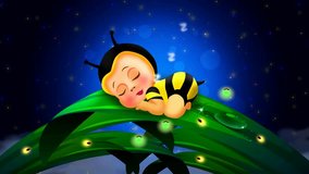 cute babies bee cartoon sleep on leaves
and beautiful fireflies in the night at the full sky, loop video background to put a baby to sleep 