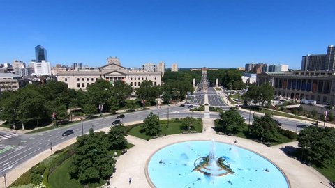 Aerial View of Logan Square With Traffic Going Around Logan Circle on A Bright and Sunny Summer's Day In Philadelphia Pennsylvania