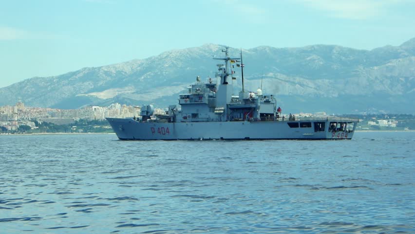 Battleship in the sea off the coast of Croatia