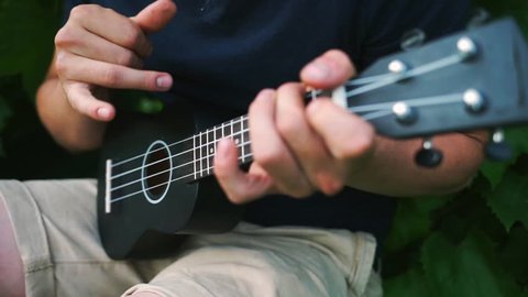 The guy plays the ukulele. The man touches the strings. Musician with an instrument. Black ukulele
