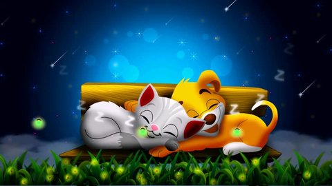 Dog and cat are sleeping on the bench together, and beautiful fireflies in the night, best loop video background to put a baby to sleep calming