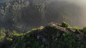Beautiful Aerial sequence clip of mountain valley in the morning at Tebing Keraton, Bandung, Indonesia.