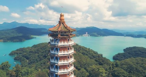 Aerial view of Pa Cien Pagoda in Nantou, Taiwan Pacien pagoda, Sun Moon Lake, Nantou, Taiwan 