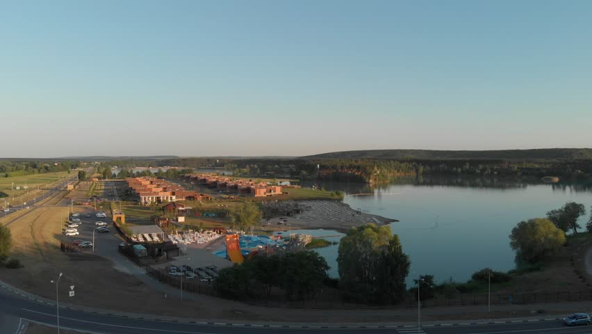 Aerial view of the lake at sunset.