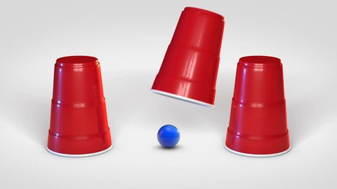 Shell game with cups and ball.   A modern take on an old mind puzzle - 3 red cups move around in random movements, revealing a blue ball under the left one, having started under the middle one