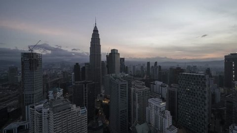 Beautiful time lapse of Kuala Lumpur city center overlooking the city skyline during sunset with left to right pan.