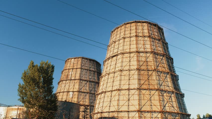 Industrial zone, Power plant with smoking chimneys or manufacturing factory, huge smokestacks as environment pollution concept