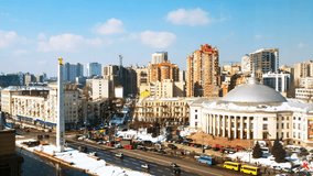 Kyiv, Ukraine. A video of day city in Kyiv, Ukraine, with city lights and traffic. Aerial view of Victory square. Time-lapse with traffic during the day