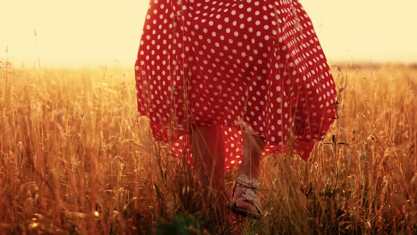 Young girl in red dress walking on meadow with green grass nature slow motion video. girl in the field legs at sunset in a red dress hand close-up on the grass sunlight silhouette. woman legs in