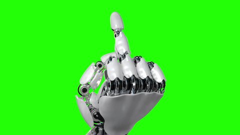 Robot Hand Shows Middle Finger Fuck You on a Green Background. Beautiful 3d animation. 4K