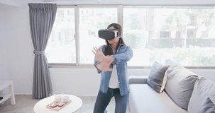 woman wear virtual reality headset and touch something