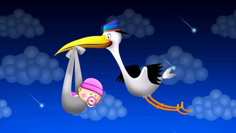 Stork flying holding a bag with a baby, best loop video screen background for a lullaby to put a baby to sleep, calming relaxation.