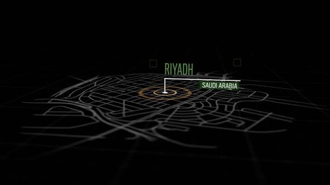 Locations Riyadh, Saudi Arabia. Animation of marking a point in Riyadh, Saudi Arabia. Location of the city, large shopping center. Video in 4K with resolution of 3840x2160.
