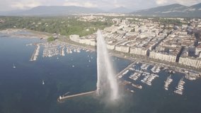 4K ungraded Aerial footage of Geneva city   water fountain in Switzerland - UHD 