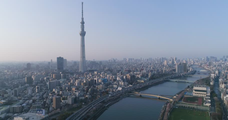 Aerial view of Skytree and Tokyo cityscape in the morning, Tokyo, Japan Royalty-Free Stock Footage #1012790036