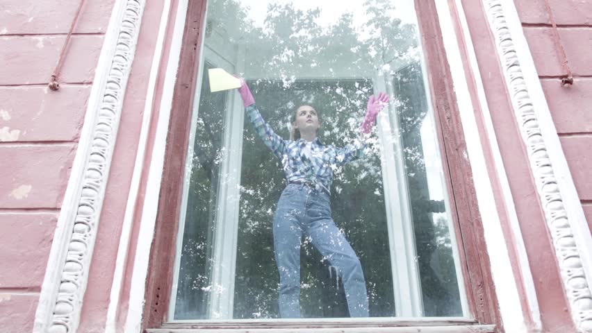 Smiling attractive wife washing a window