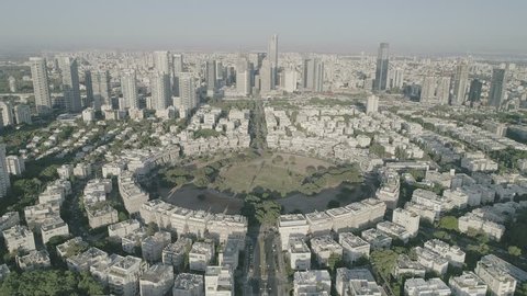  Tel Aviv city center, state square "kikar ha medina", Israel, aerial 4k skyline view raw dlog ungraded flat