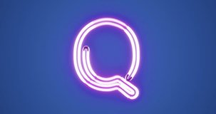 3D rendering animation Alpahbet pink Neon light glowing on blue background,letter Q uppercase