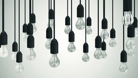 4K Seamless Looping Animation of Hanging Light Bulbs on a gradient background. Three Types of Focus, for each interval of 10 seconds. 4K Ultra HD 3840x2160 Video Clip