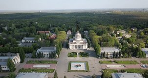 Panoramic video from the drone above the central square and recreational areas of the National Exhibition Center in Kiev, Ukraine. Slow motion view from drone in 4K video