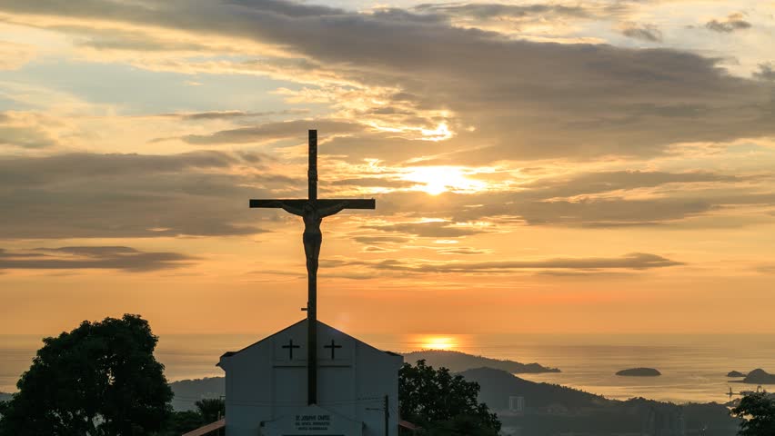The cross on the background of cloud flow , Time lapse sunset cloud and cross