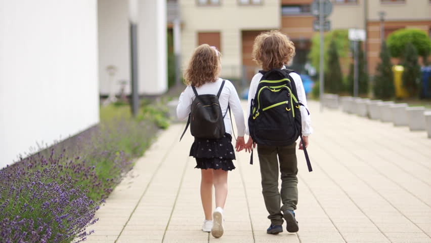 Two curly schoolchildren, a boy and a girl, go to school with backpacks. Back view. Back to school, knowledge day | Shutterstock HD Video #1012847918
